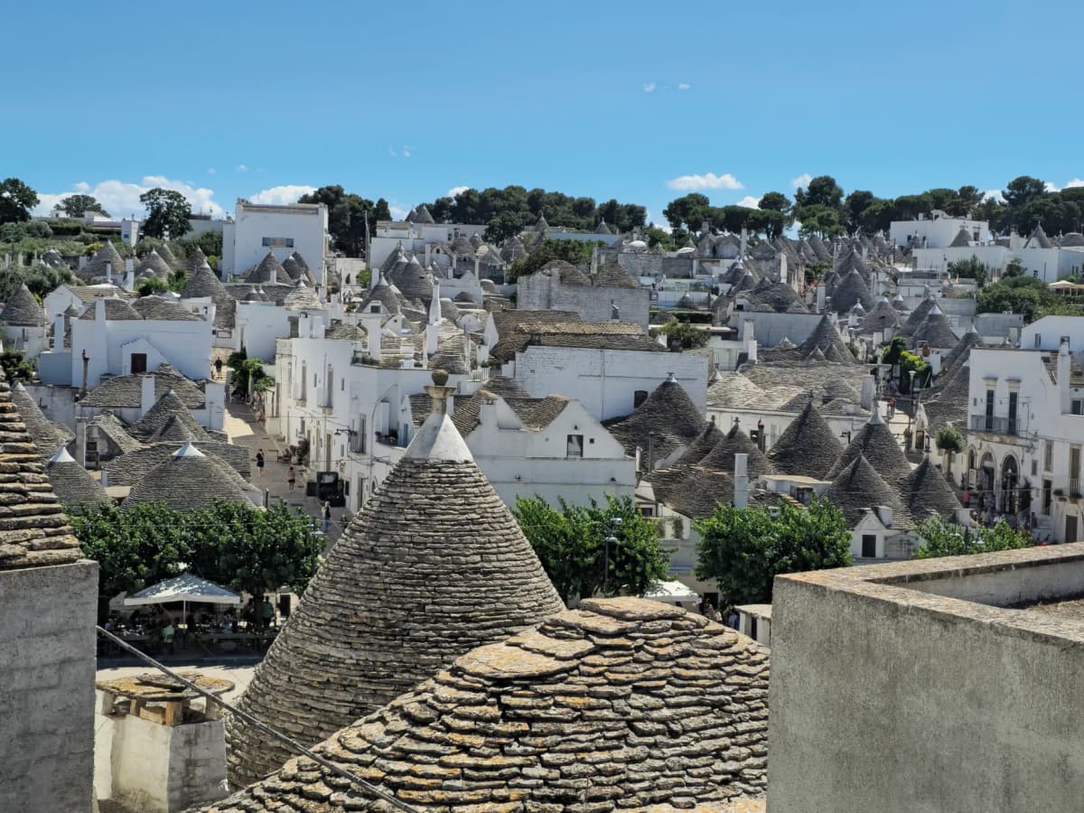 A stunning view of the unique Trulli houses in Alberobello, Italy, under a clear blue sky.